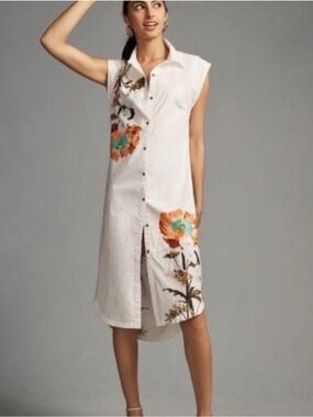 NWT retail $160 size M #Maeve Sleeveless White Button-Front Floral Shirt Dress
